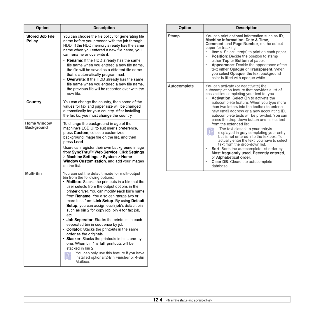 Samsung CLX-8540ND manual Option Description Stored Job File, Policy, Country, From SyncThru Web Service. Click Settings 