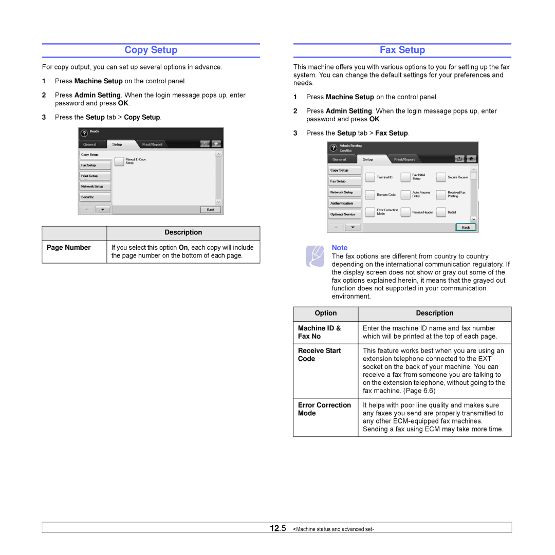 Samsung CLX-8540ND manual Copy Setup, Fax Setup 