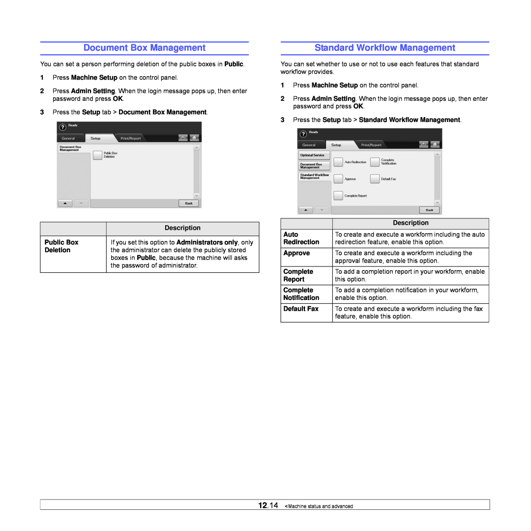 Samsung CLX-8540ND Standard Workflow Management, Press the Setup tab Document Box Management, Option, Description 