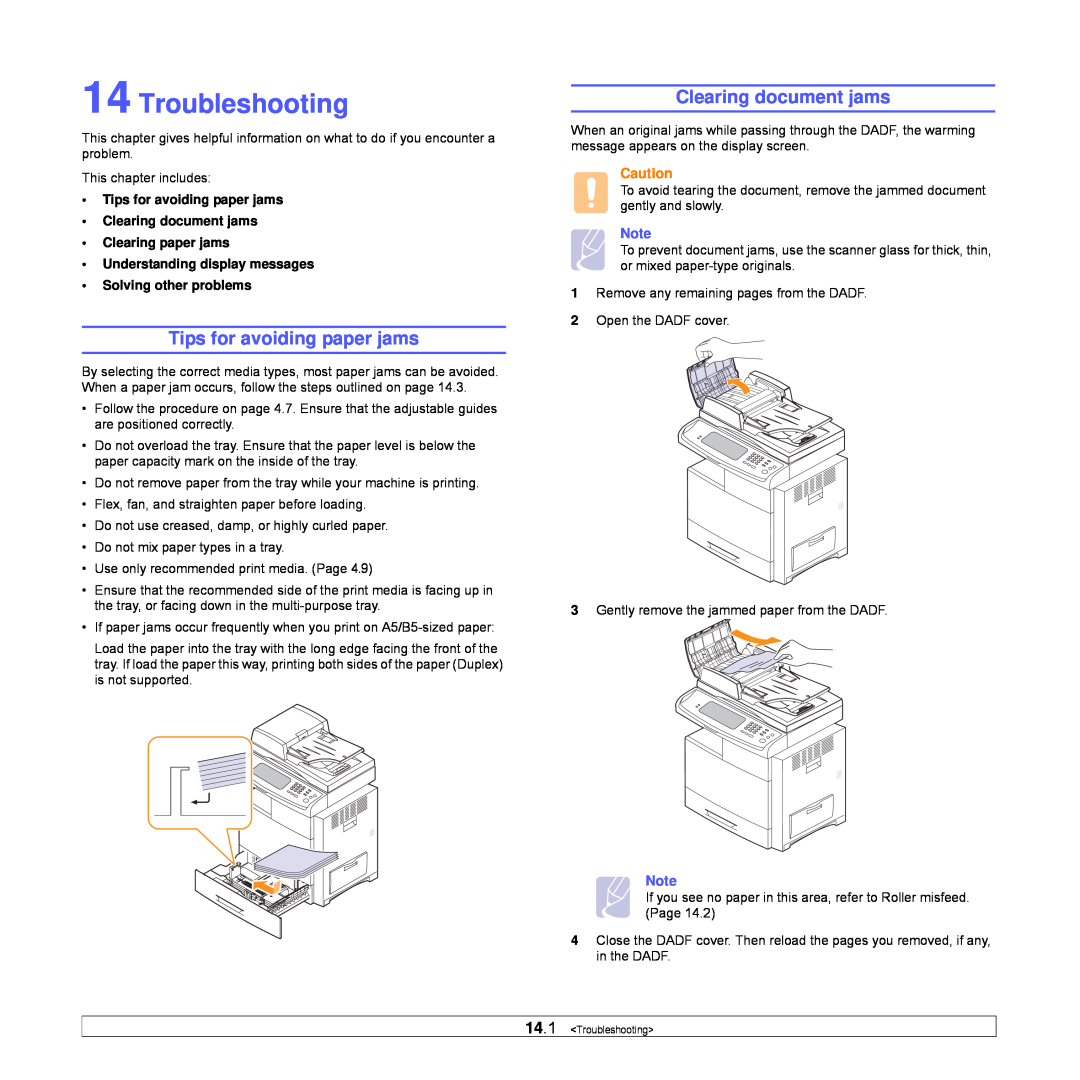 Samsung CLX-8540ND manual Troubleshooting, Tips for avoiding paper jams, Clearing document jams, Solving other problems 