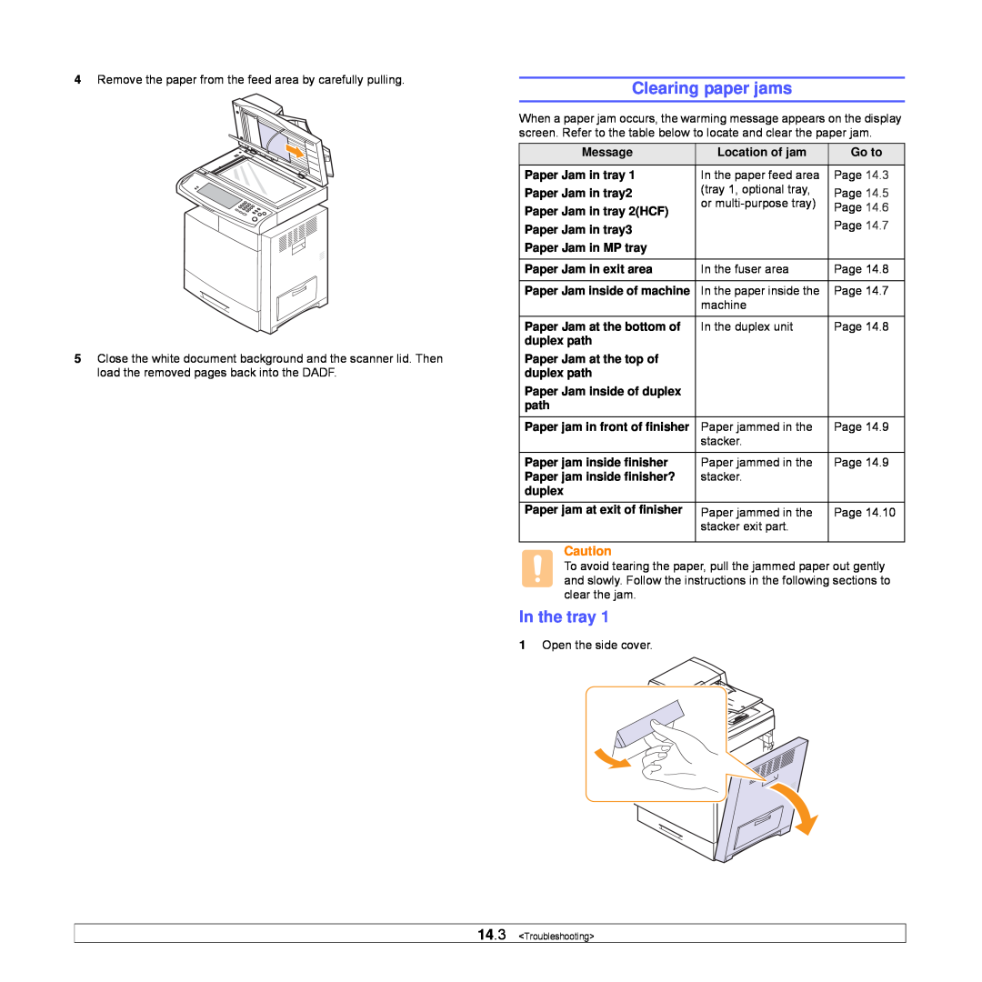 Samsung CLX-8540ND manual Clearing paper jams, In the tray, Message, Location of jam, Go to, Paper Jam in tray, duplex path 