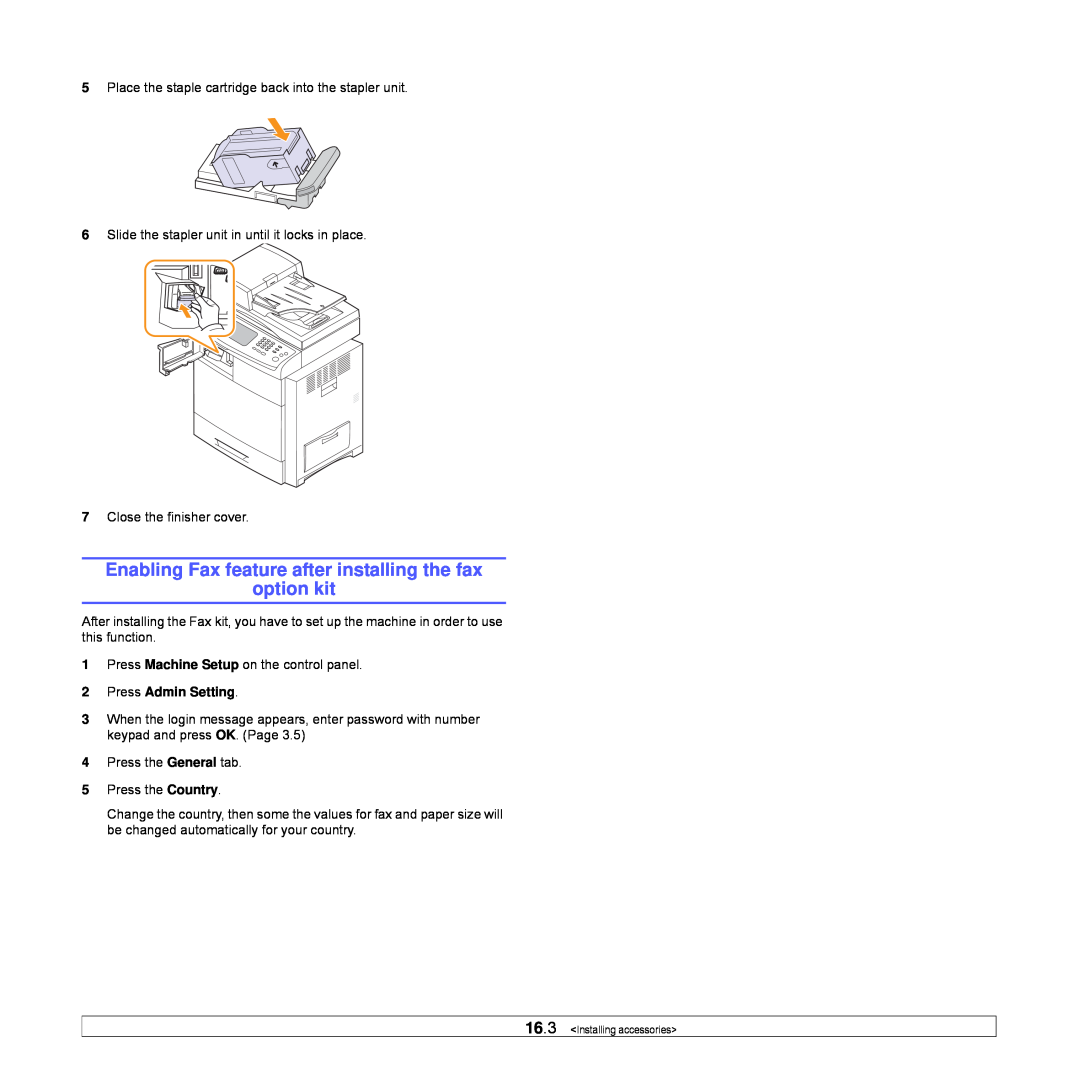 Samsung CLX-8540ND Enabling Fax feature after installing the fax option kit, Press Admin Setting, Installing accessories 