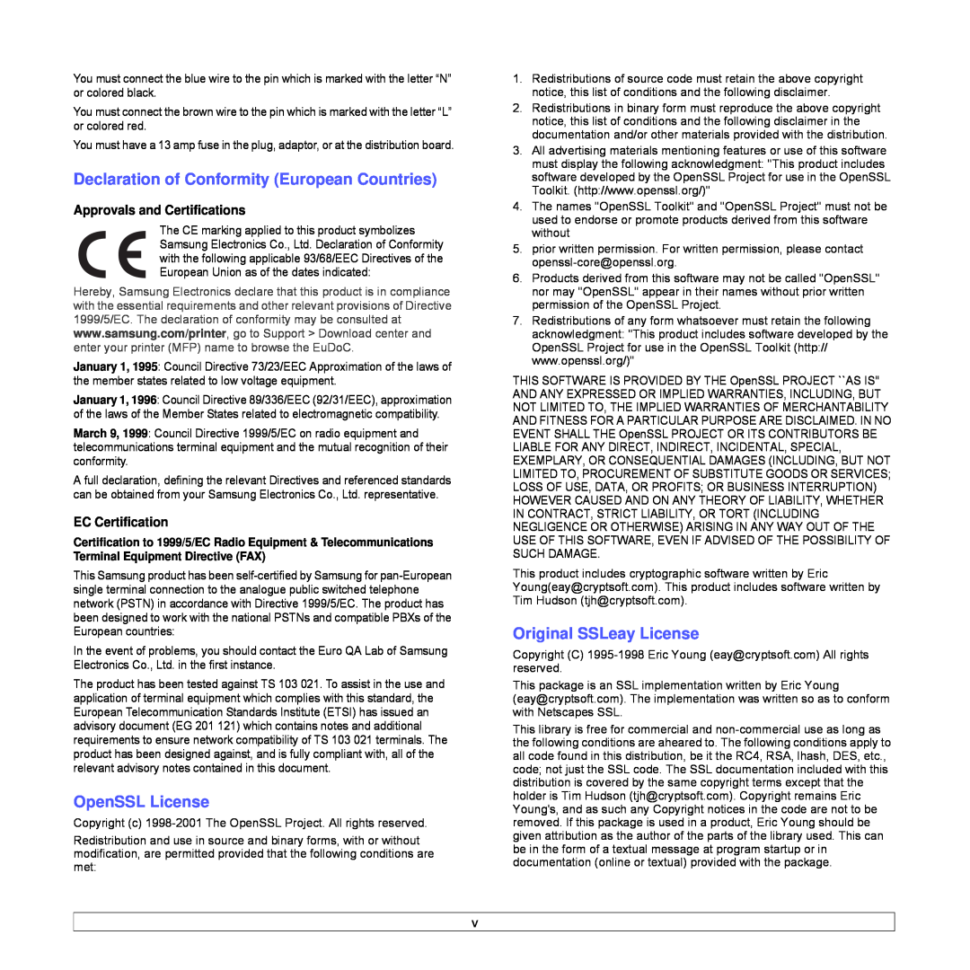Samsung CLX-8540ND manual Declaration of Conformity European Countries, OpenSSL License, Original SSLeay License 