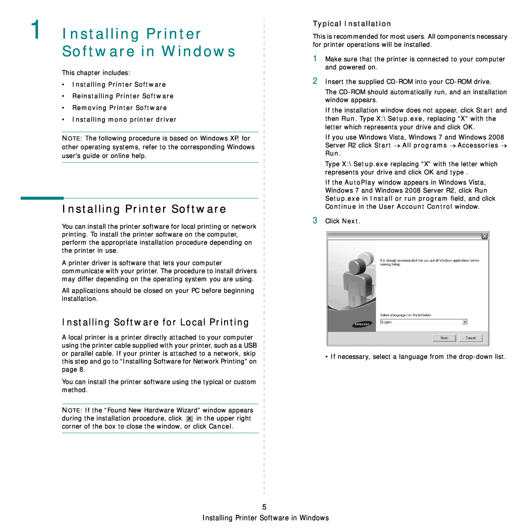 Samsung CLX-8540ND Installing Printer Software in Windows, Installing Software for Local Printing, Typical Installation 