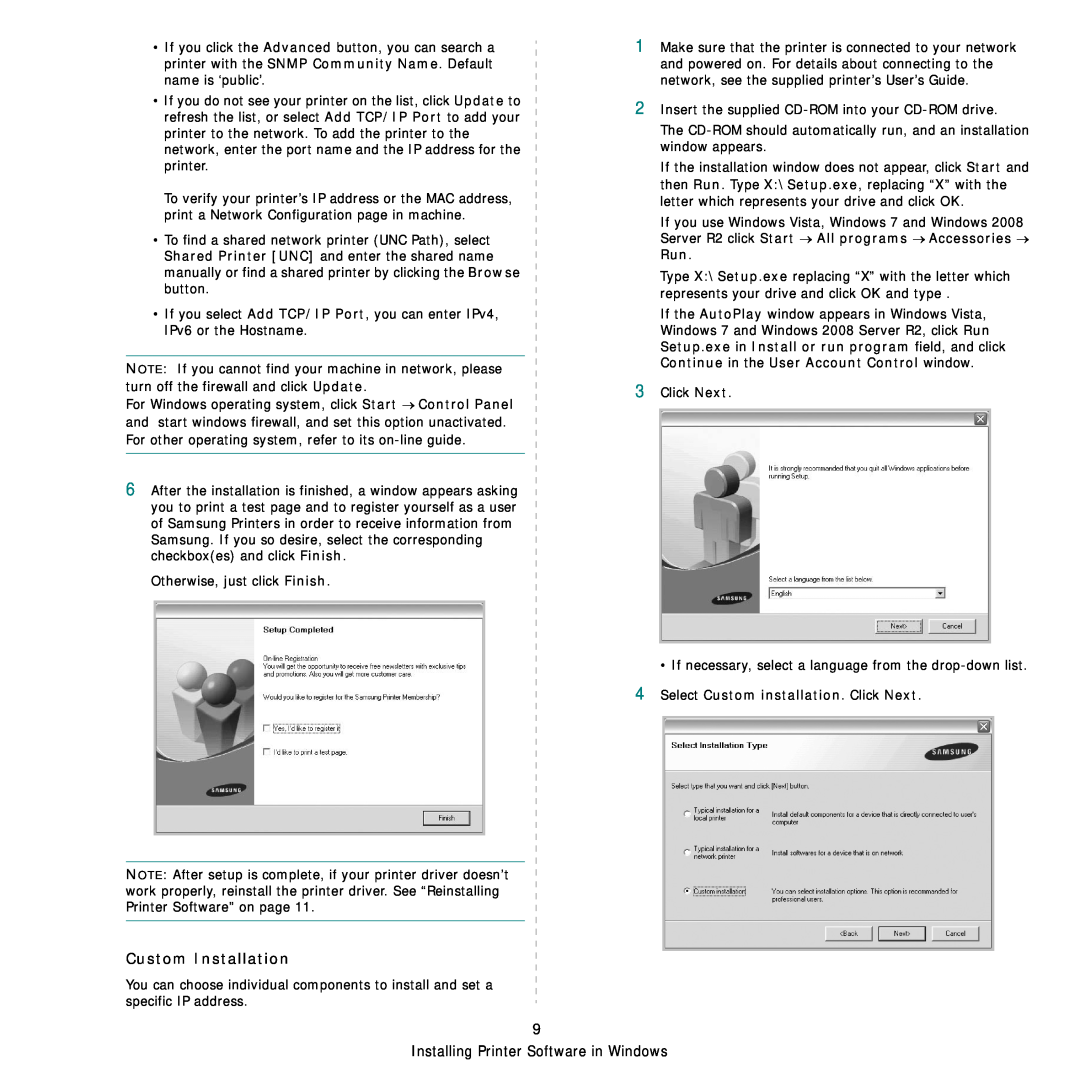 Samsung CLX-8540ND manual Custom Installation, Installing Printer Software in Windows 