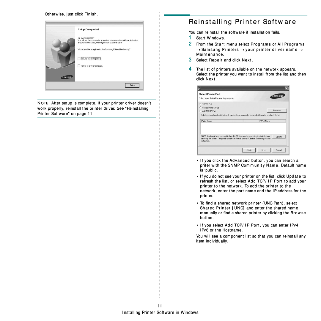 Samsung CLX-8540ND manual Reinstalling Printer Software, Installing Printer Software in Windows 