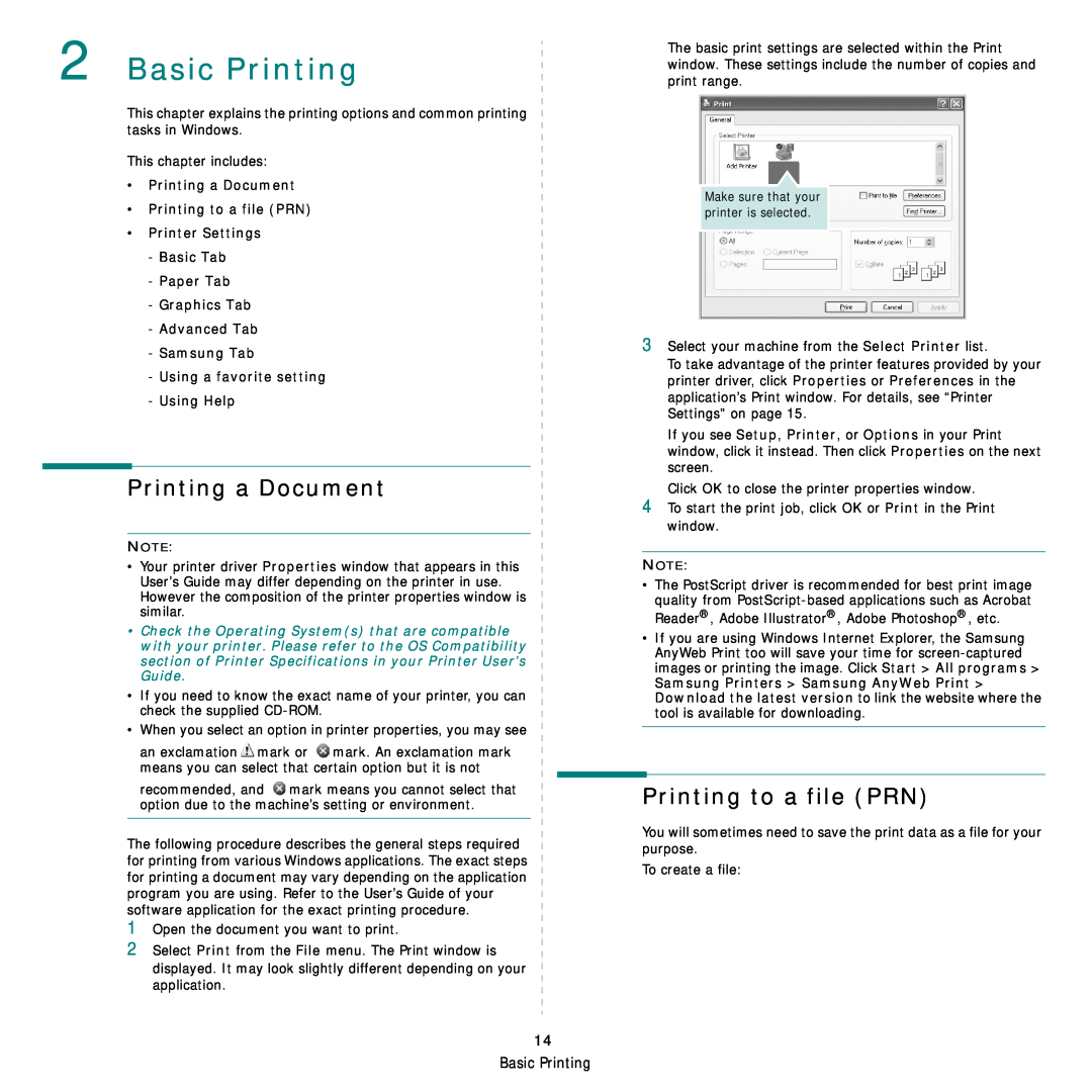 Samsung CLX-8540ND manual Basic Printing, Printing a Document, Printing to a file PRN, Using a favorite setting Using Help 