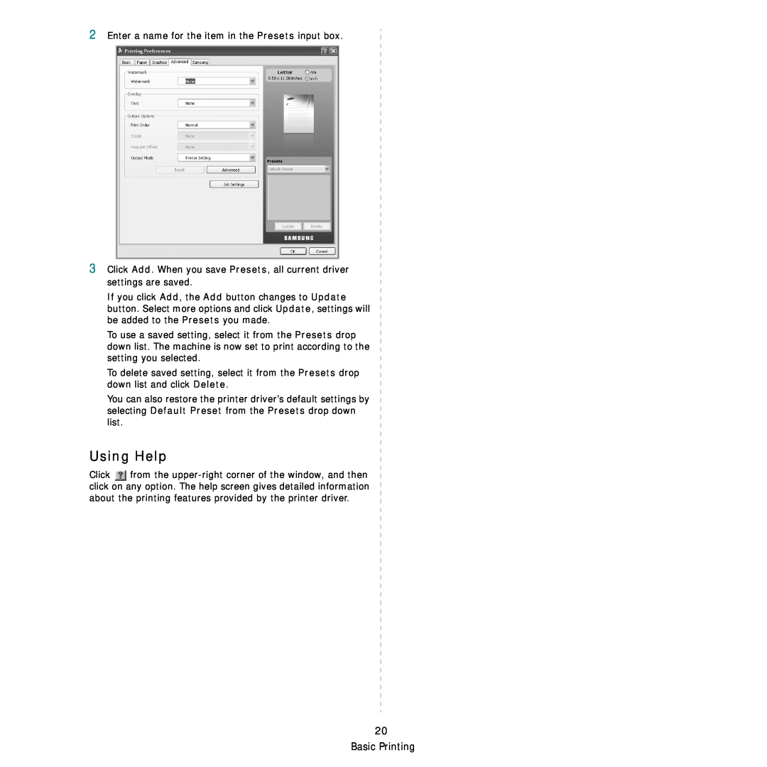 Samsung CLX-8540ND manual Using Help, Basic Printing 