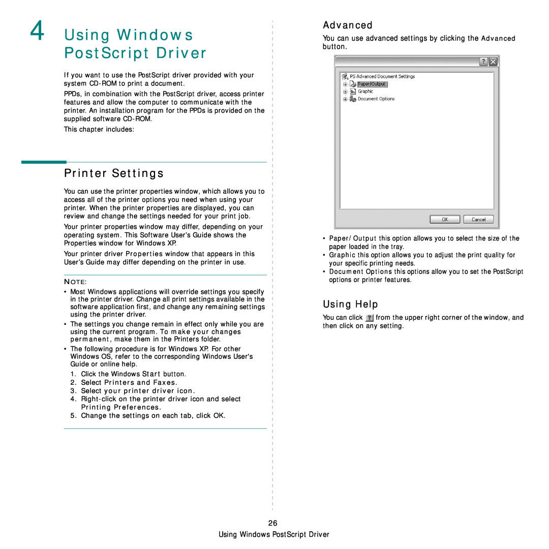 Samsung CLX-8540ND manual Using Windows PostScript Driver, Advanced, Printer Settings, Using Help 