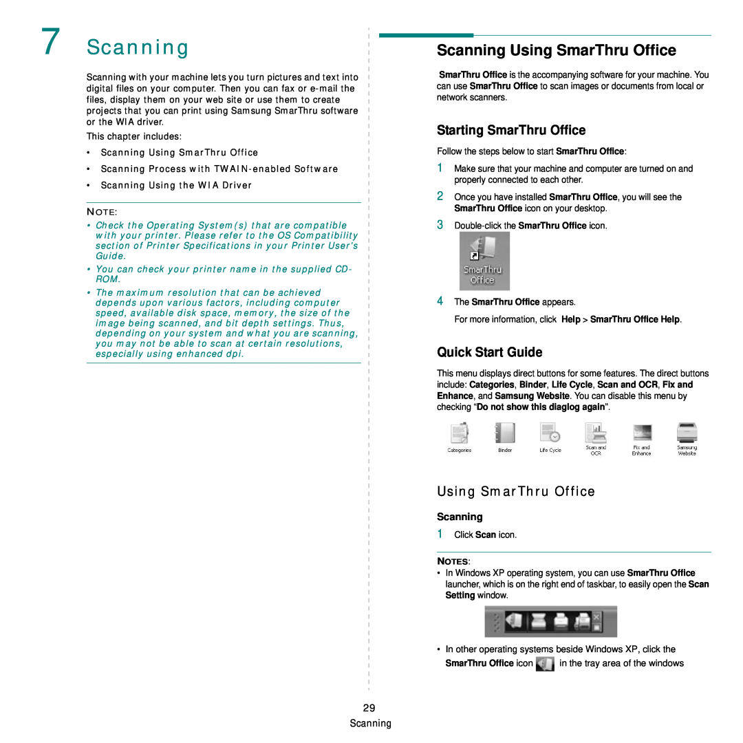 Samsung CLX-8540ND manual Scanning, Starting SmarThru Office, Quick Start Guide, Using SmarThru Office 