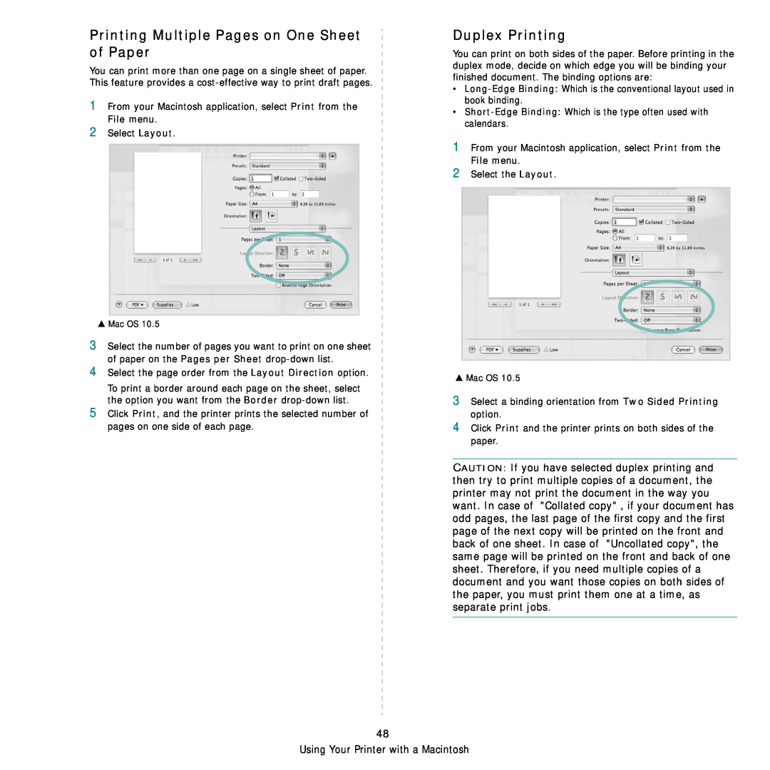 Samsung CLX-8540ND manual Printing Multiple Pages on One Sheet of Paper, Duplex Printing 