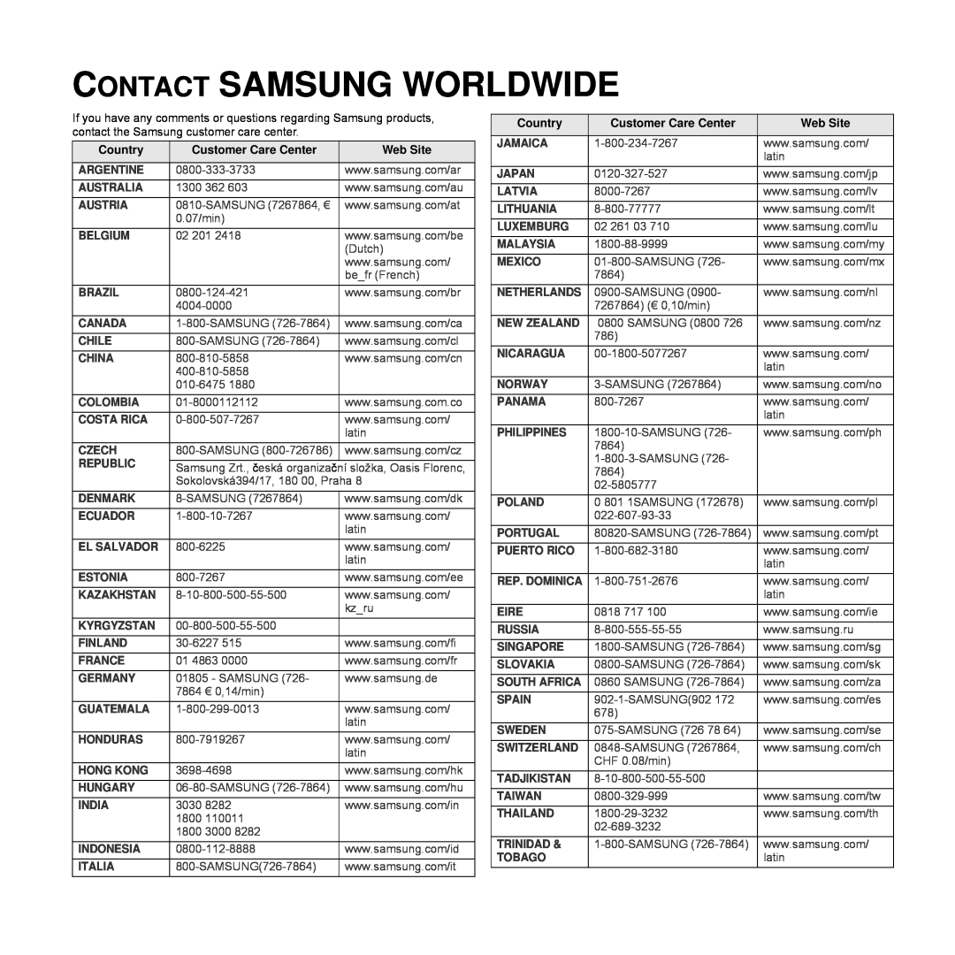 Samsung CLX-8540ND Contact Samsung Worldwide, Country, Customer Care Center, Web Site, Argentine, Australia, Austria, Eire 
