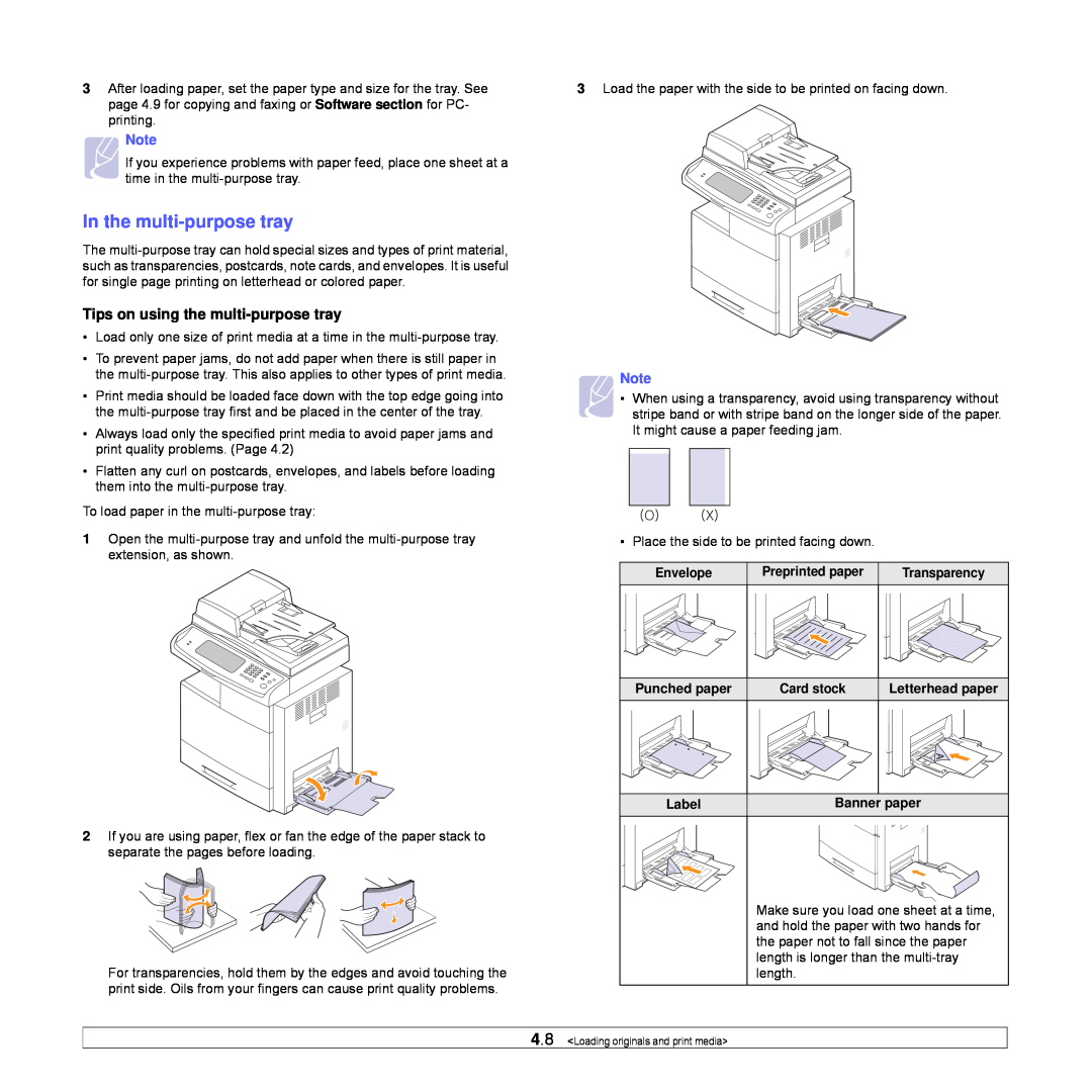 Samsung CLX-8540ND manual In the multi-purpose tray, Tips on using the multi-purpose tray, Envelope, Punched paper, Label 