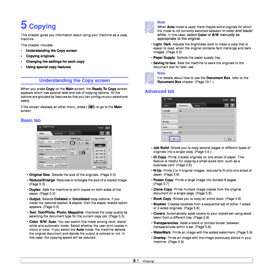 Samsung CLX-8540ND manual Copying, Understanding the Copy screen, Basic tab, Advanced tab 
