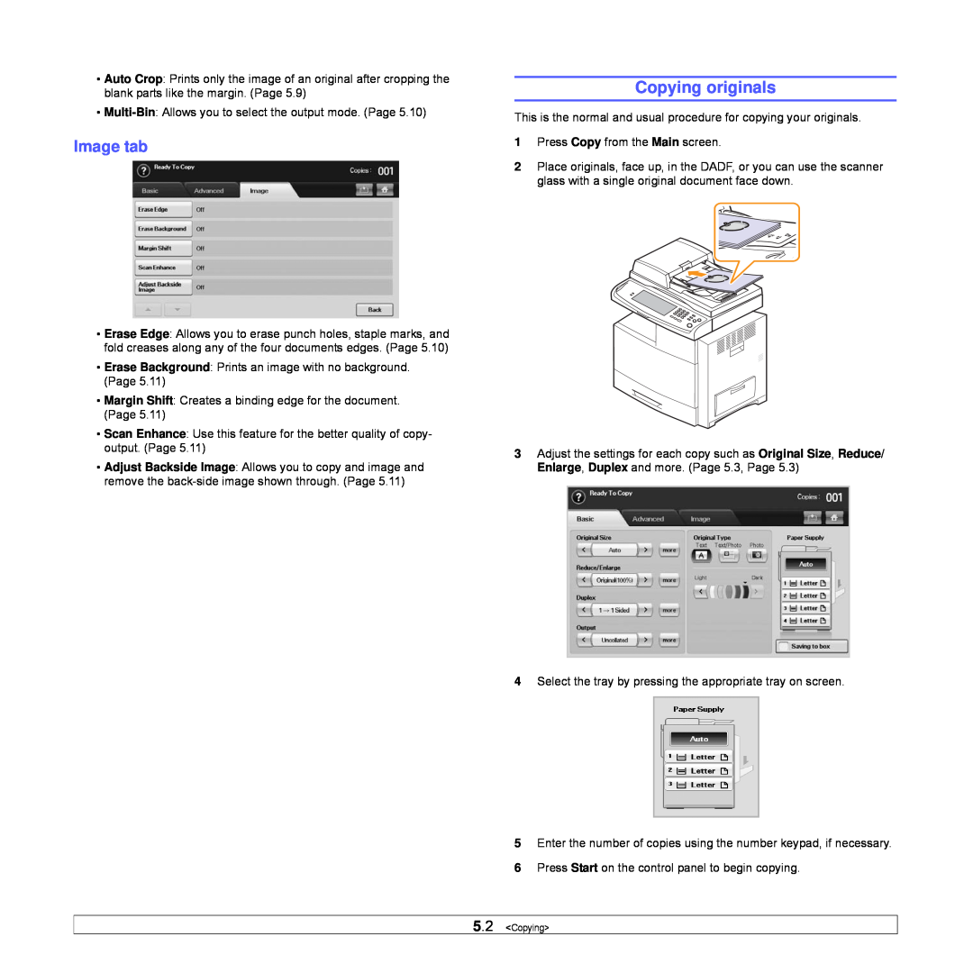 Samsung CLX-8540ND manual Copying originals, Image tab 
