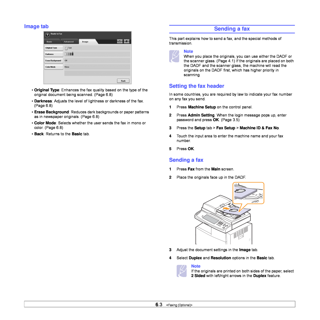 Samsung CLX-8540ND Sending a fax, Setting the fax header, Image tab, Press the Setup tab Fax Setup Machine ID & Fax No 