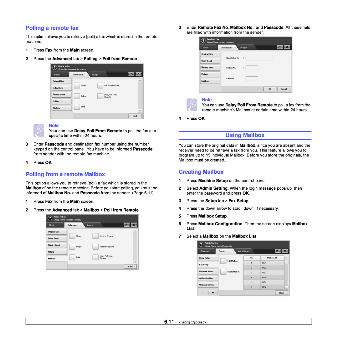 Samsung CLX-8540ND manual Using Mailbox, Polling a remote fax, Polling from a remote Mailbox, Creating Mailbox 