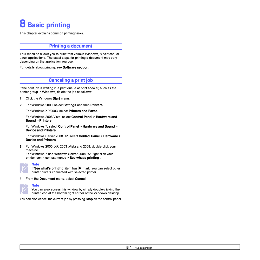 Samsung CLX-8540ND manual Basic printing, Printing a document, Canceling a print job 