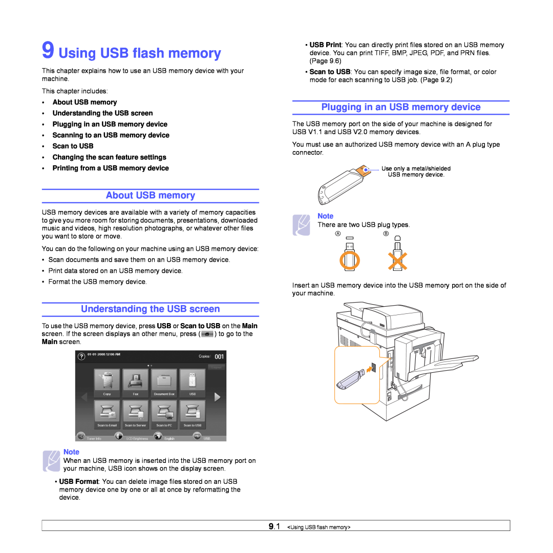 Samsung CLX-8540ND manual Using USB flash memory, About USB memory, Understanding the USB screen 