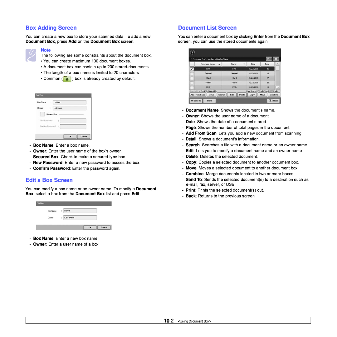 Samsung CLX-8540ND manual Box Adding Screen, Edit a Box Screen, Document List Screen, Using Document Box 