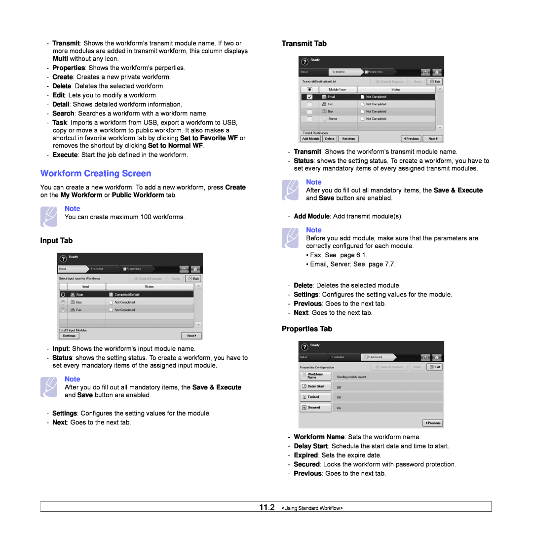 Samsung CLX-8540ND manual Workform Creating Screen, Input Tab, Transmit Tab, Properties Tab 