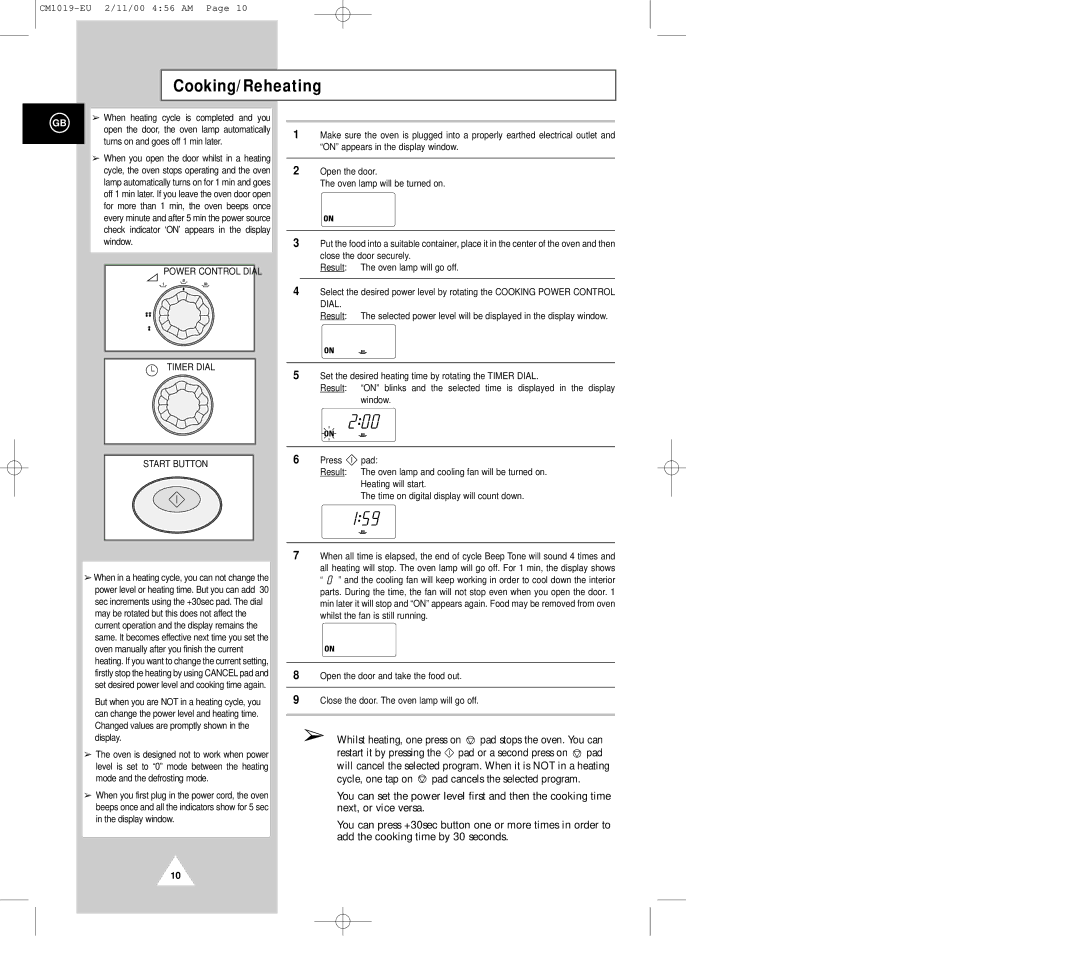 Samsung CM1019 manual Cooking/Reheating, When heating cycle is completed and you 