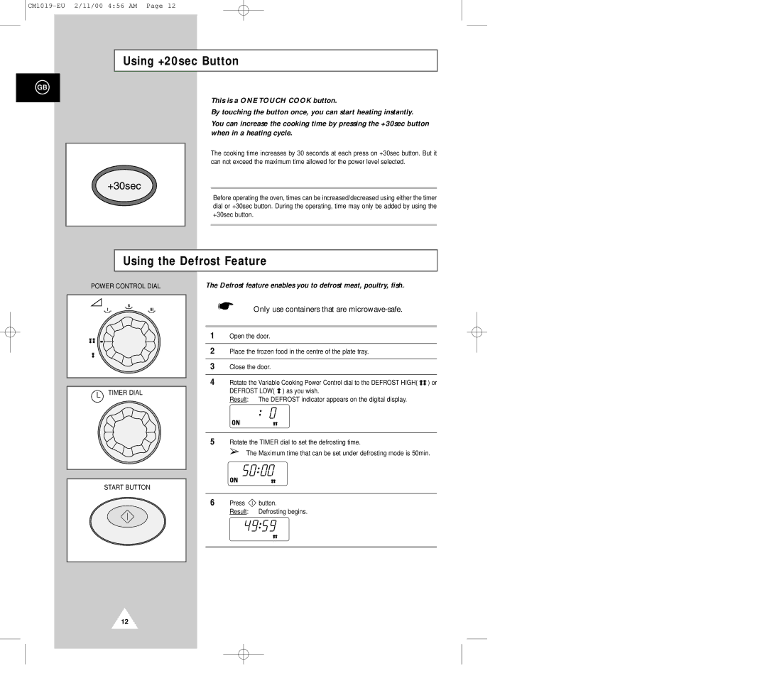 Samsung CM1019 manual Using +20sec Button, Using the Defrost Feature 