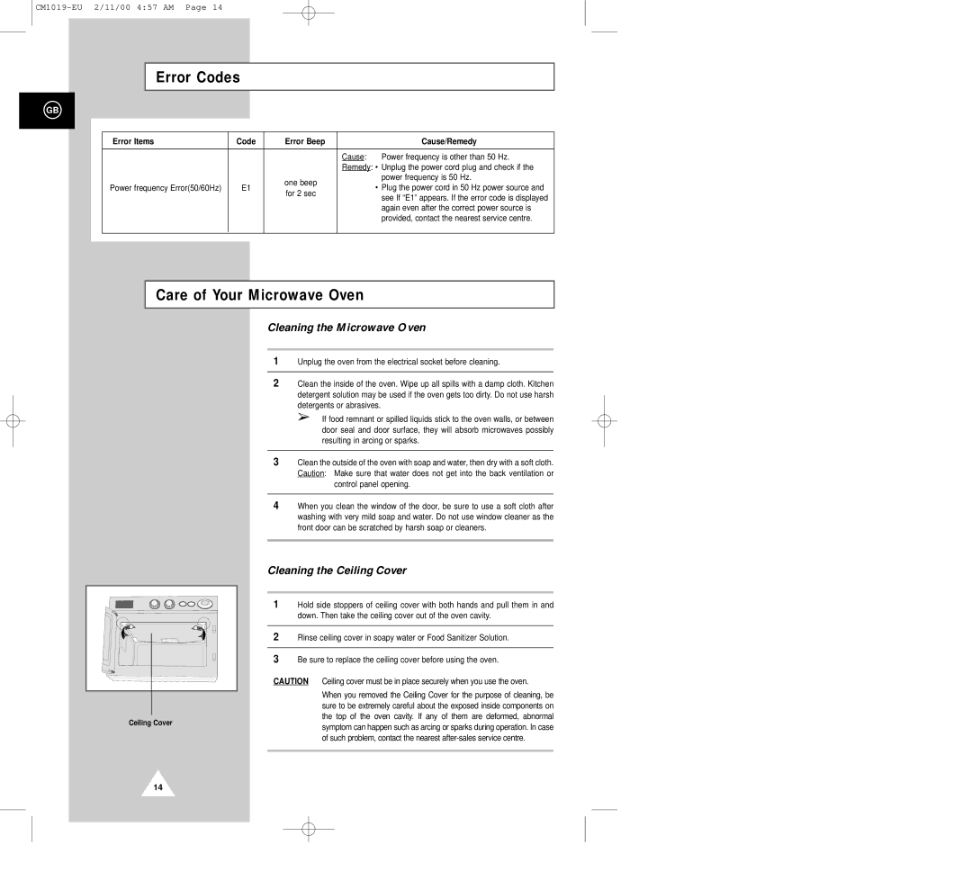 Samsung CM1019 manual Error Codes, Care of Your Microwave Oven, Error Items Code Error Beep Cause/Remedy 