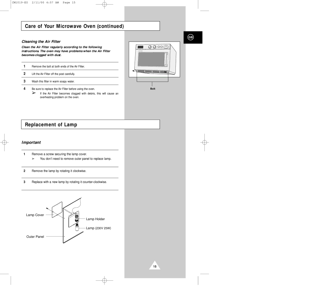 Samsung CM1019 manual Replacement of Lamp, Lamp 230V 25W 