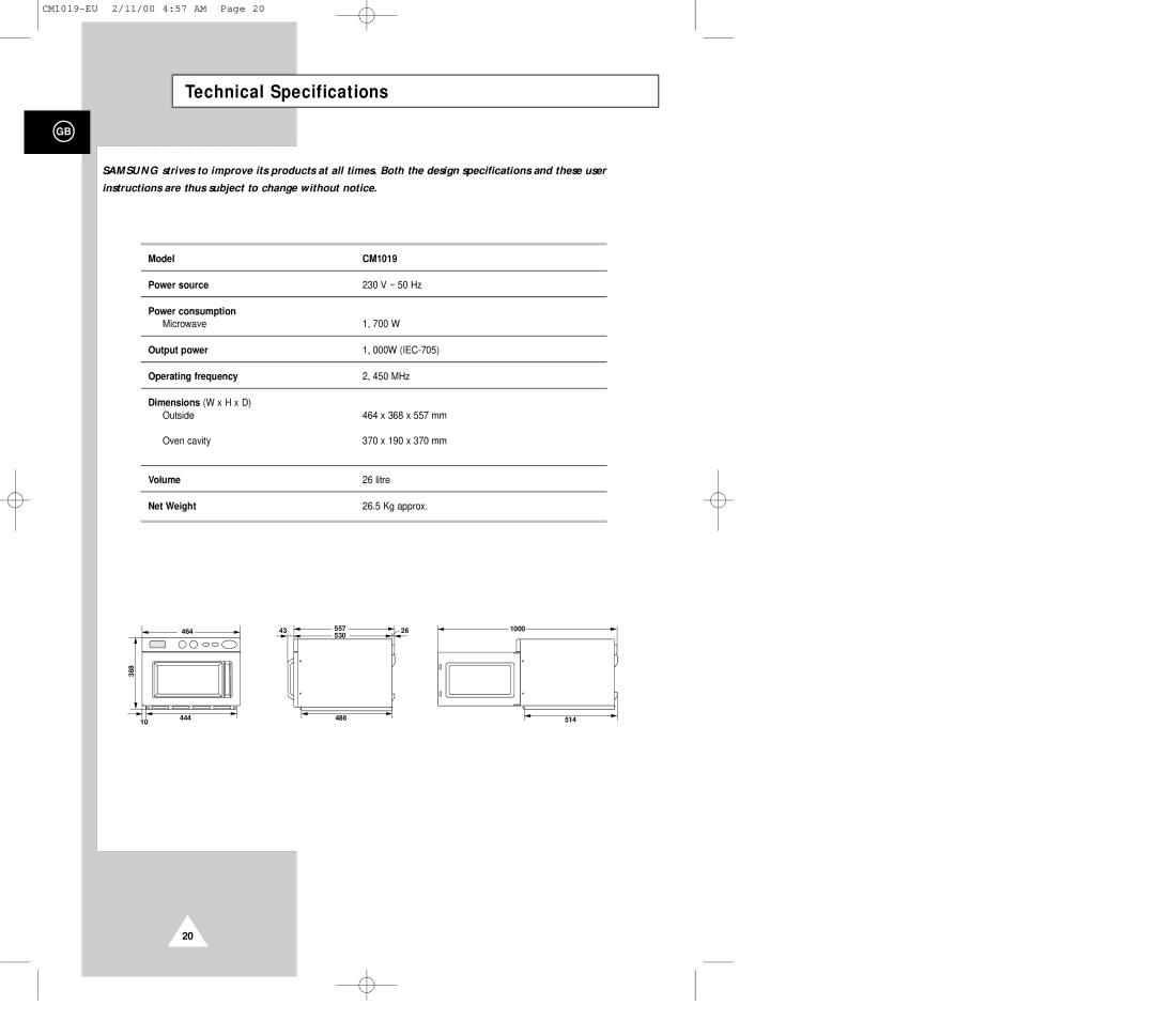 Samsung CM1019 manual Technical Specifications 