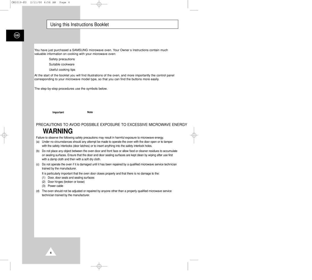 Samsung CM1019 manual Using this Instructions Booklet, ImportantNote 