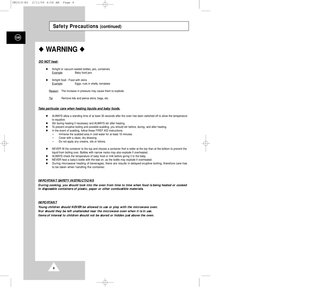 Samsung CM1019 manual Do not heat, Airtight or vacuum-sealed bottles, jars, containers Example 