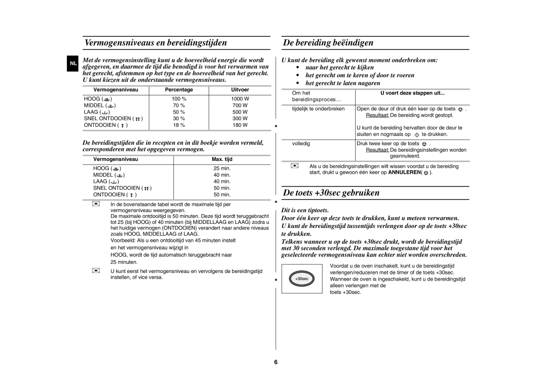 Samsung CM1019A/XEU manual De toets +30sec gebruiken, Percentage, Vermogensniveau, Om het, Voert deze stappen uit 