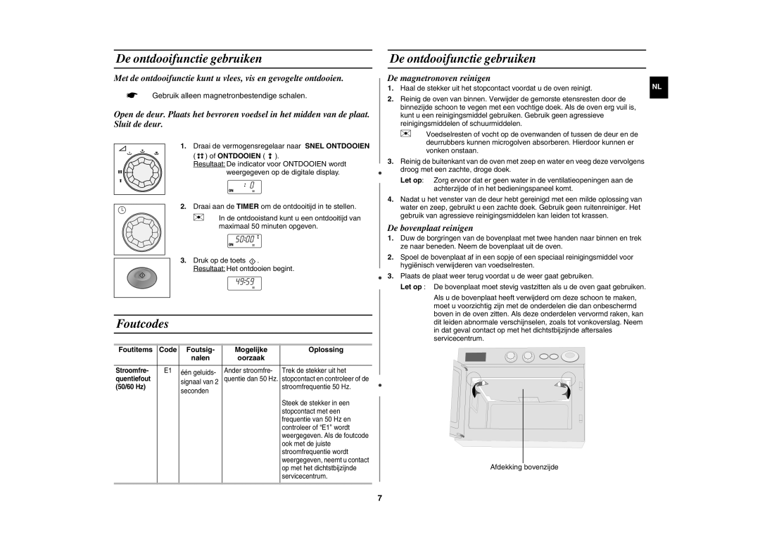 Samsung CM1019A/XEU manual De ontdooifunctie gebruiken, Foutcodes, De magnetronoven reinigen, De bovenplaat reinigen 