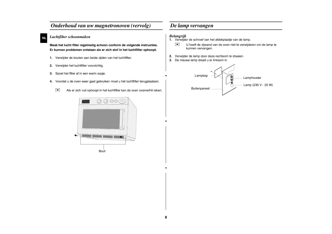 Samsung CM1019A/XEU manual Onderhoud van uw magnetronoven vervolg De lamp vervangen, Luchtfilter schoonmaken, Belangrijk 