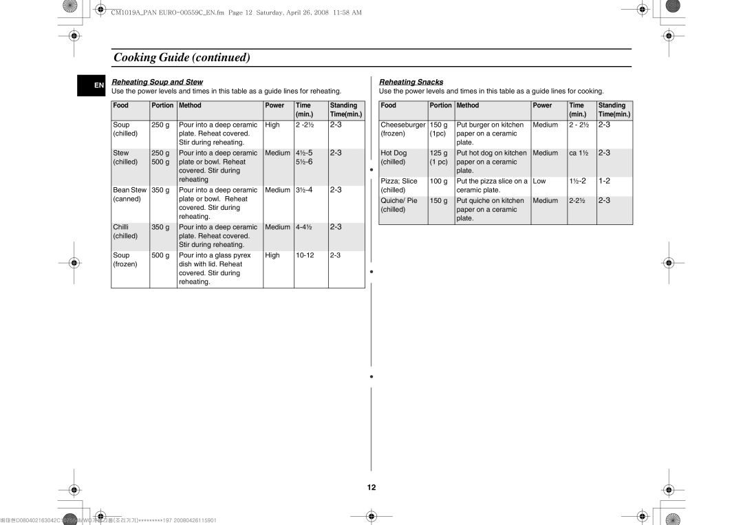 Samsung CM1019A/XEU manual Reheating Soup and Stew, Reheating Snacks 