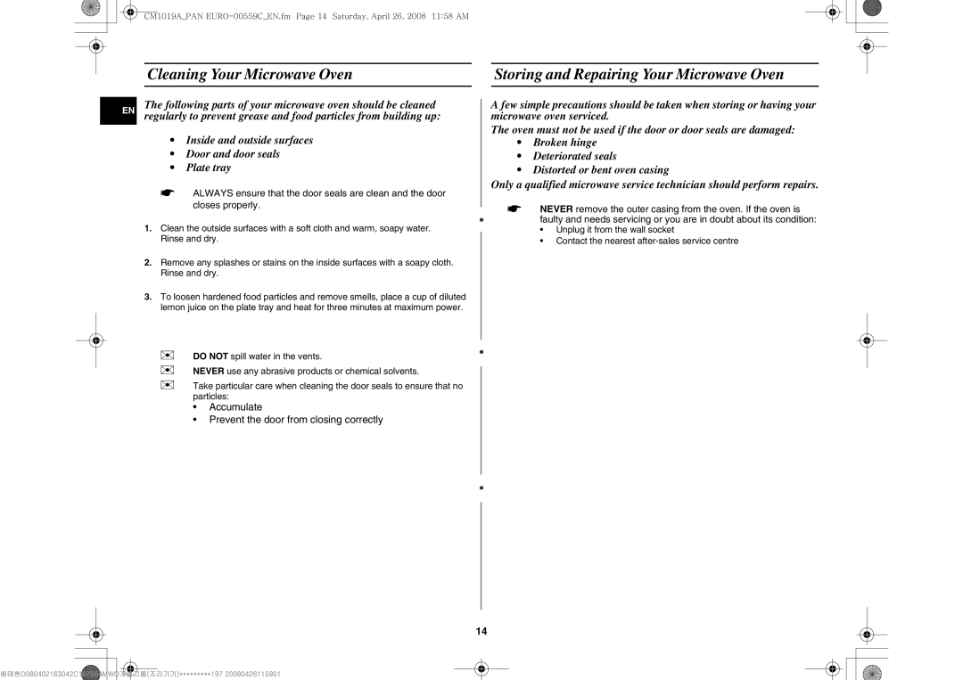 Samsung CM1019A/XEU manual Cleaning Your Microwave Oven, Storing and Repairing Your Microwave Oven 