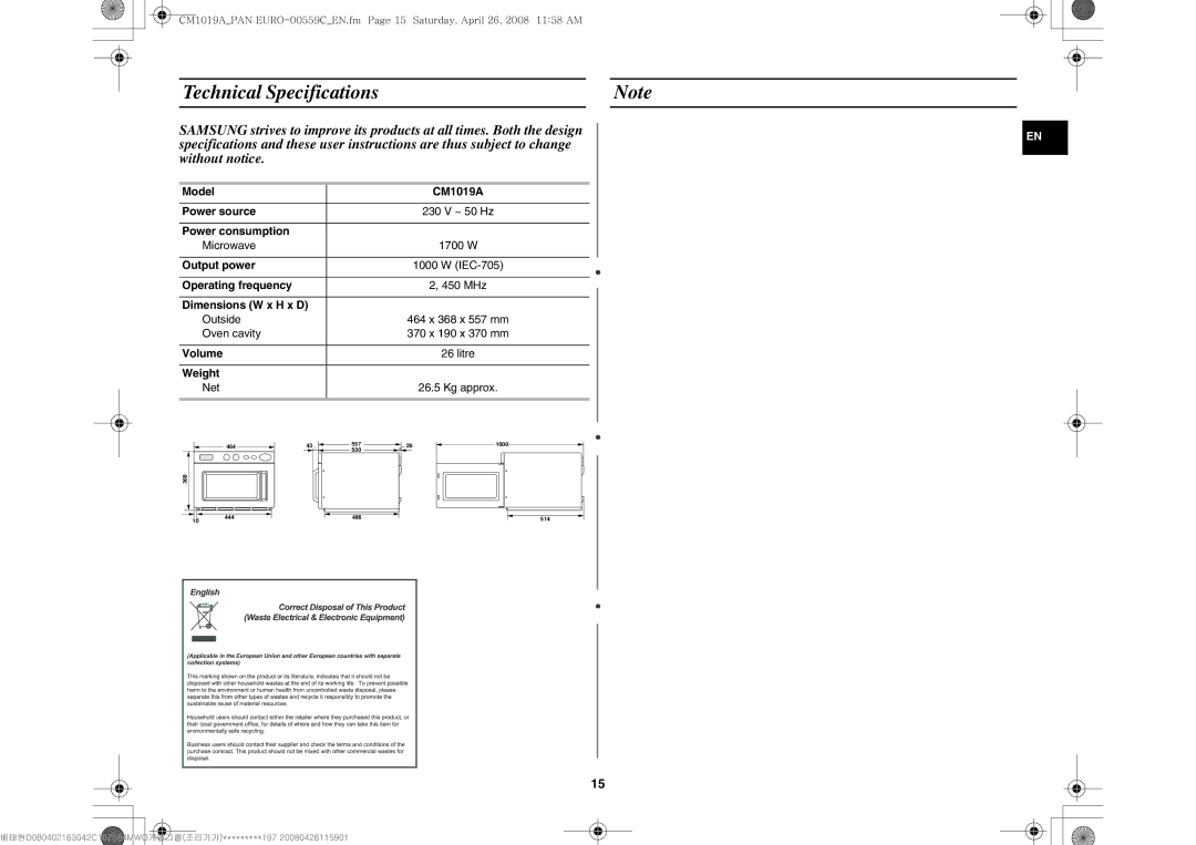 Samsung CM1019A/XEU manual Technical Specifications 