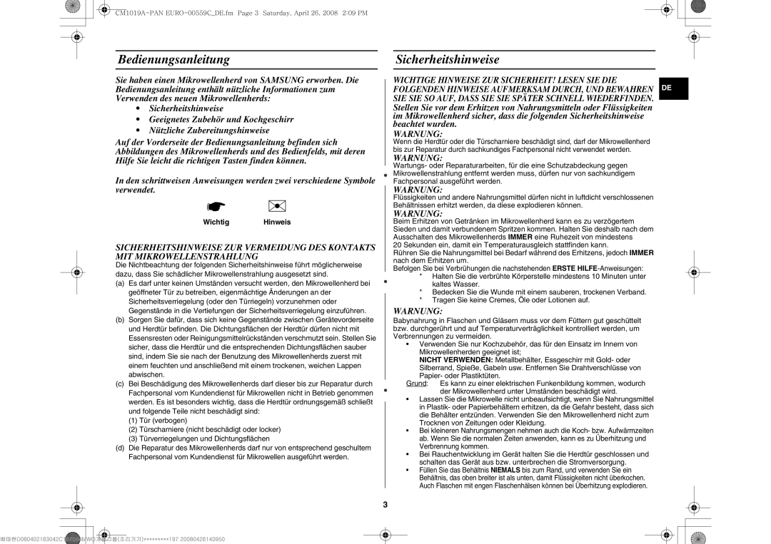 Samsung CM1019A/XEU manual Bedienungsanleitung Sicherheitshinweise, Warnung, Wichtig Hinweis 