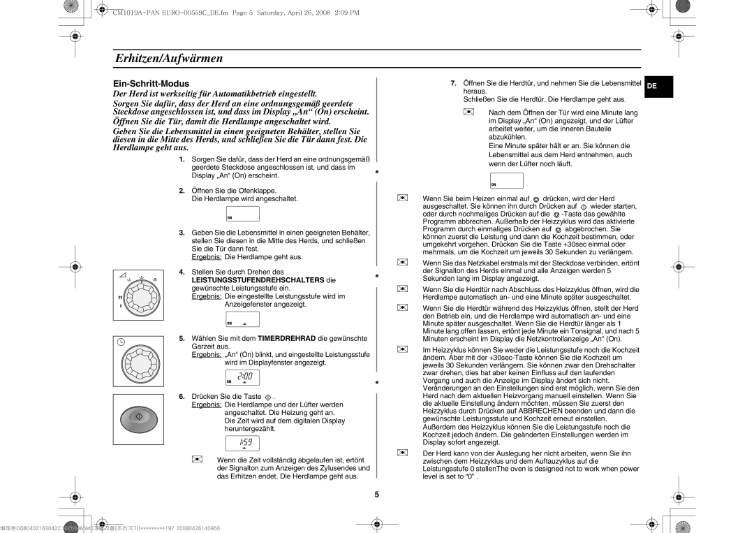 Samsung CM1019A/XEU manual Erhitzen/Aufwärmen, Leistungsstufendrehschalters die 