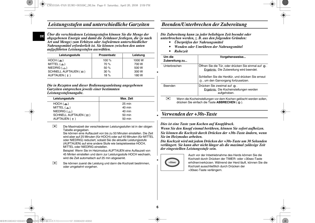 Samsung CM1019A/XEU manual Verwenden der +30s-Taste, Leistungsstufe Prozentsatz, Um die Vorgehensweise Zubereitung zu 