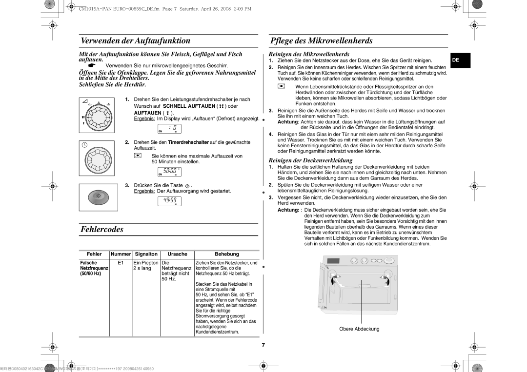 Samsung CM1019A/XEU Verwenden der Auftaufunktion Pflege des Mikrowellenherds, Fehlercodes, Reinigen des Mikrowellenherds 