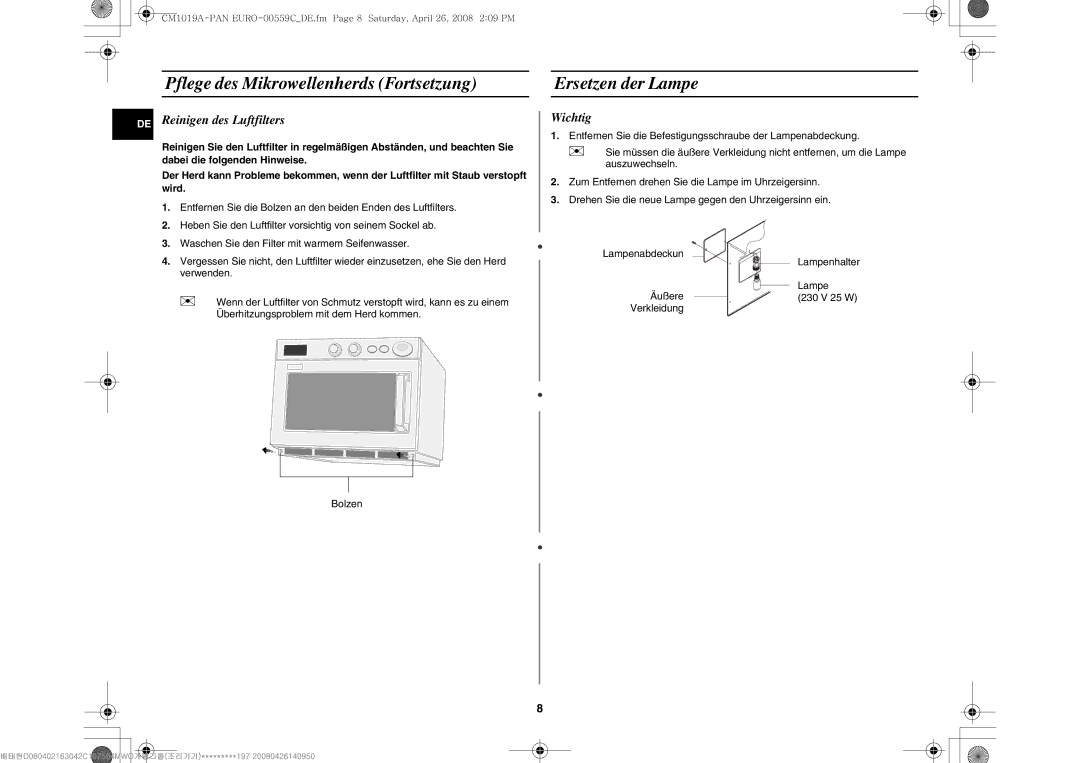 Samsung CM1019A/XEU Pflege des Mikrowellenherds Fortsetzung, Ersetzen der Lampe, DE Reinigen des Luftfilters, Wichtig 