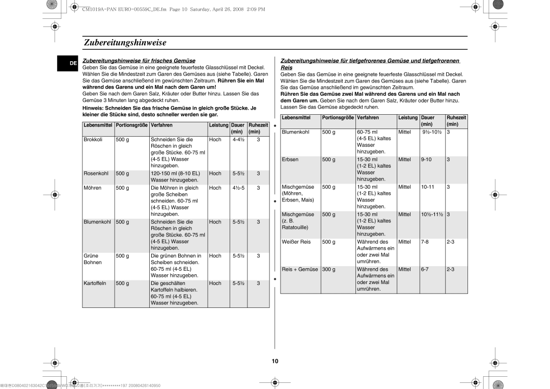 Samsung CM1019A/XEU manual Zubereitungshinweise für frisches Gemüse, Während des Garens und ein Mal nach dem Garen um 