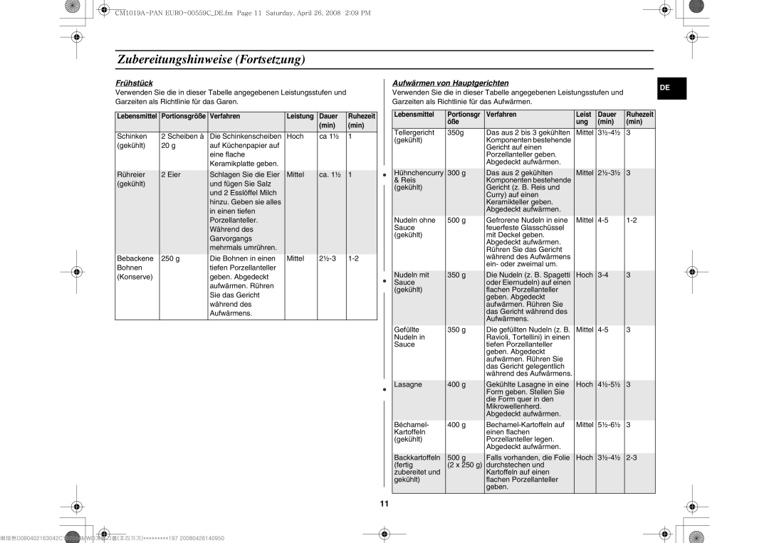 Samsung CM1019A/XEU manual Zubereitungshinweise Fortsetzung, Frühstück, Aufwärmen von Hauptgerichten 