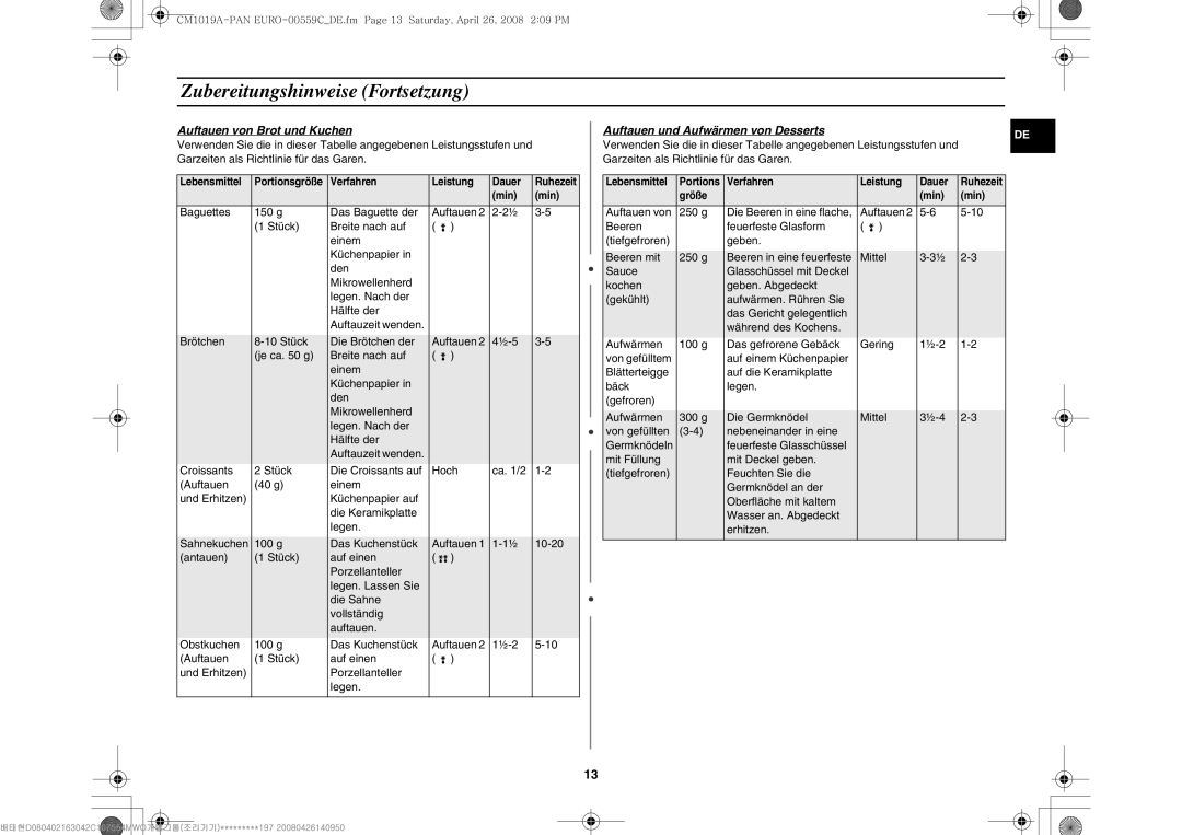Samsung CM1019A/XEU manual Auftauen von Brot und Kuchen, Auftauen und Aufwärmen von Desserts 