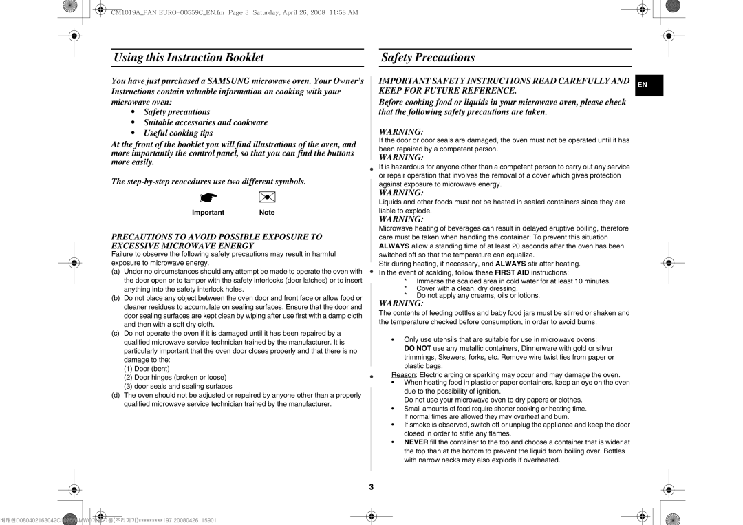 Samsung CM1019A/XEU manual Using this Instruction Booklet Safety Precautions, Important Note 