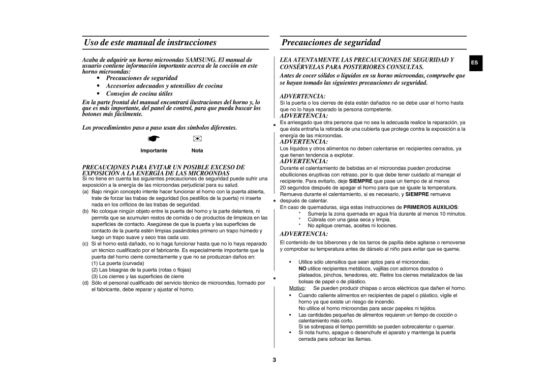 Samsung CM1019A/XEU Uso de este manual de instrucciones, Precauciones de seguridad, Advertencia, Energía de las microondas 