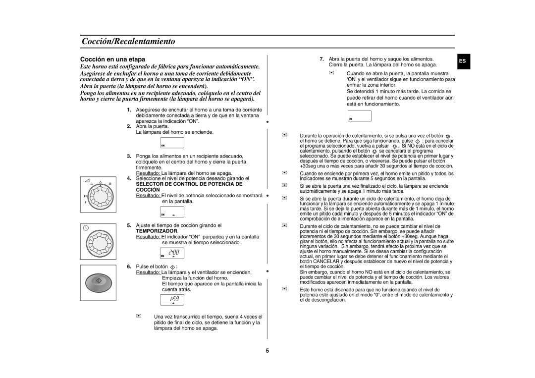 Samsung CM1019A/XEU manual Cocción/Recalentamiento, Abra la puerta la lámpara del horno se encenderá 