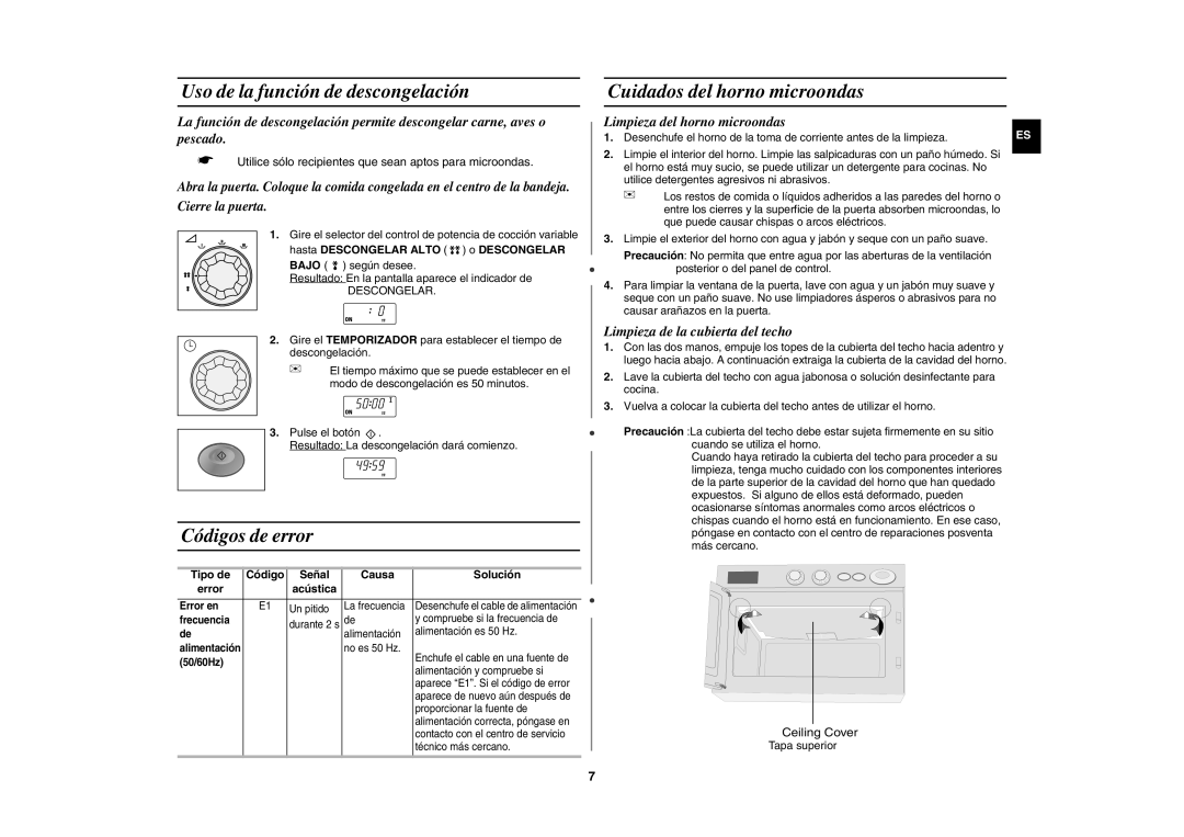 Samsung CM1019A/XEU manual Uso de la función de descongelación, Códigos de error, Cuidados del horno microondas 